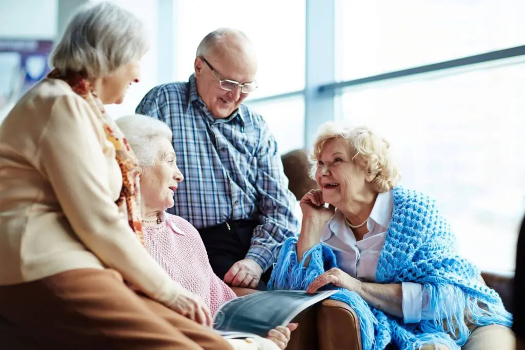 4 seniors enjoying maintenance-free living at The Delaney at The Green, a new take on the benefits of assisted living in Florham Park, NJ.