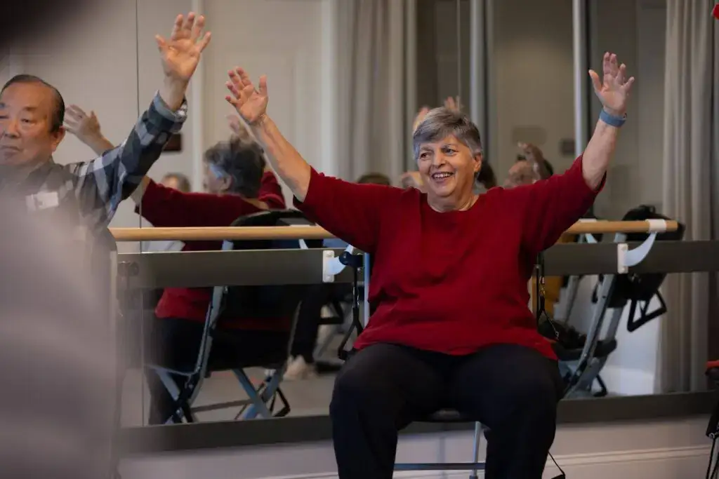 A senior group mobility exercise class for residents being help at The Delaney at The Green to help improve independence.